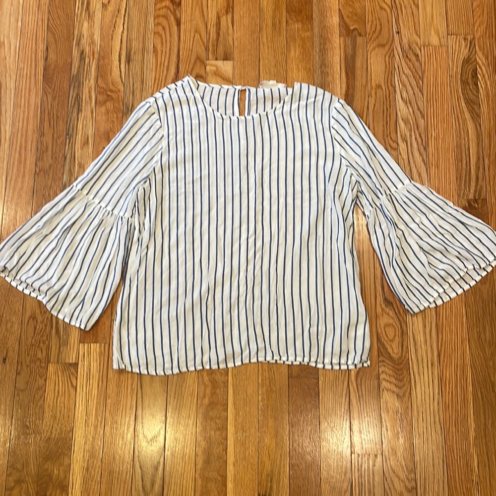 PINK ROSE White and Blue Striped top with Bell Sleeves